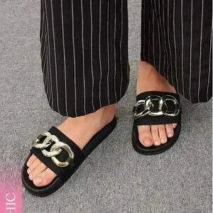 CUCCOO Woman Shoes Chain Decor Black Flat Slides Size 9